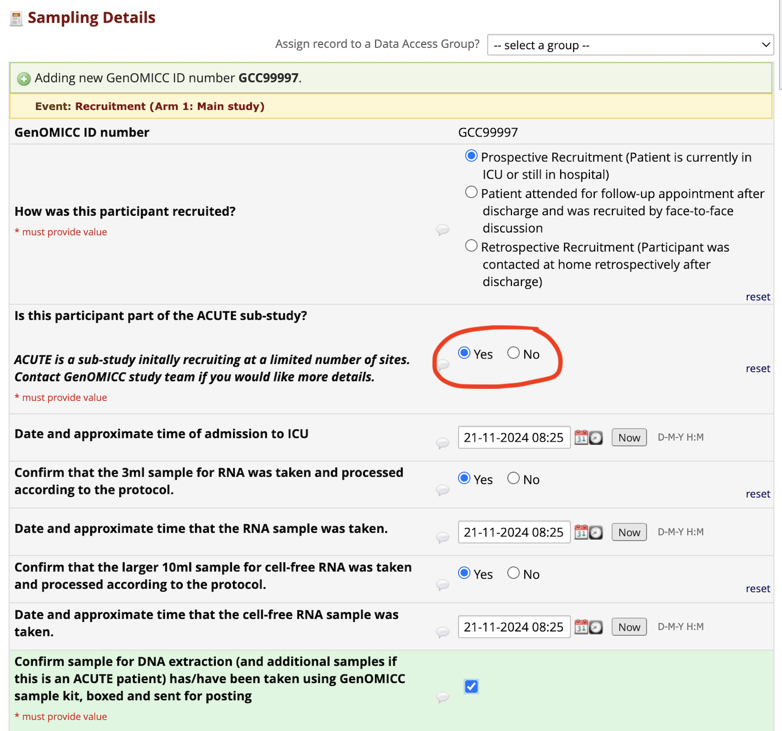 Acute sampling details data collection